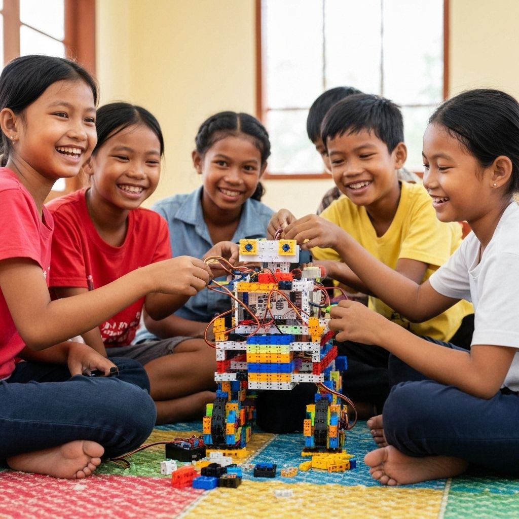 Cambodian children building robots